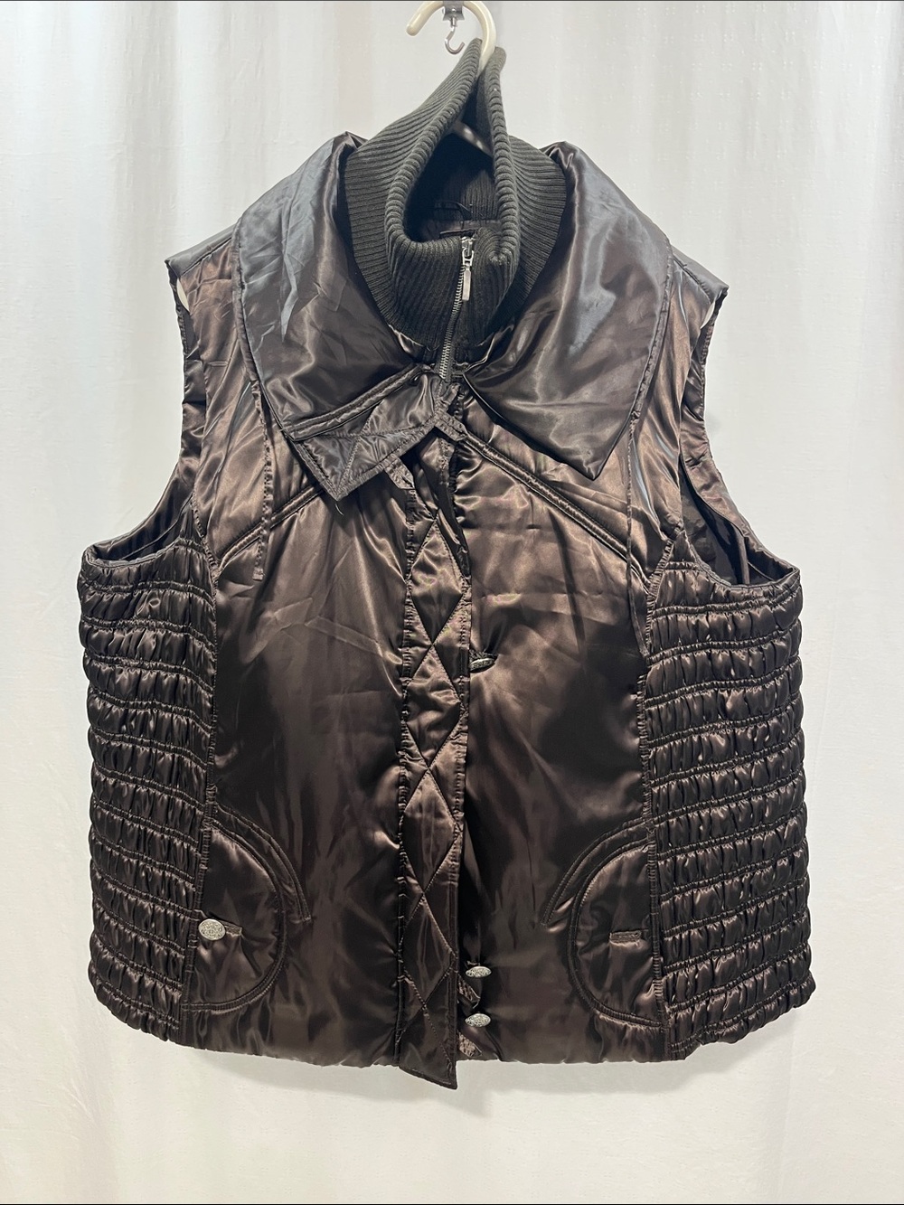 Lane Bryant plus size Brown Quilted-Side Satin Vest with Ribbed Funnel Neck 1356
